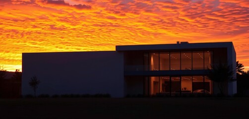Sunset illuminates minimalist house, large glass windows reflecting fiery sky, nature, clouds