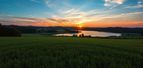 Obraz premium Sunset over lush green field and lake at dusk, golden hour, water