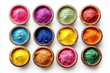 Colorful Traditional Holi Powder in Bowls - Top View Isolated on White