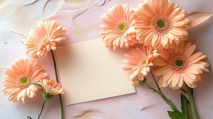 Obraz premium A delicate arrangement of peach gerbera daisies and a blank note paper on a soft mauve background, a cheerful and elegant way to celebrate.