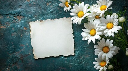 A delicate arrangement of white daisies and a blank note paper on a dark teal background, a cheerful way to celebrate an anniversary or special event.