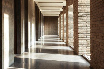 Fototapeta premium A minimalist hallway with dark brown brick walls, a series of small, strategically placed windows, polished concrete floors, and no furniture.