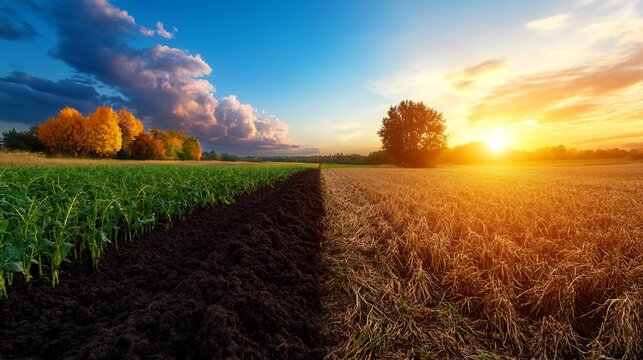 Picturesque agriculture landside with growing crops and majestic morning sunrise