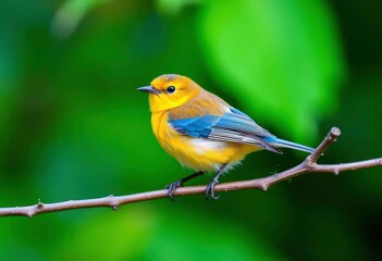 Fototapeta premium Tiny yellow bird, blue wings, perched on branch, bird, garden