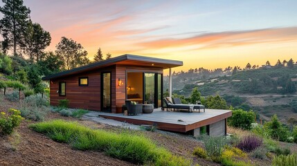 A modern tiny house exterior with beautiful landscape