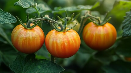 Tomatoes growing on in a greenhouse with a sunlit, green-leaves background. 