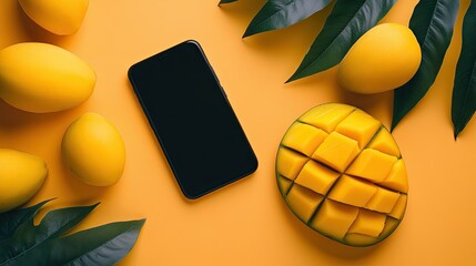 A smartphone placed next to succulent mango slices on an orange background, ideal for tropical and exotic promotional content.