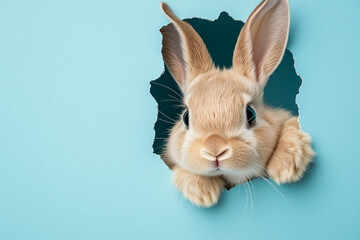 Obraz premium Easter bunny peeking out of a hole in a blue wall, with fluffy ears, perfect for an Easter banner design