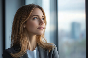 Reflective young businesswoman standing by an office window