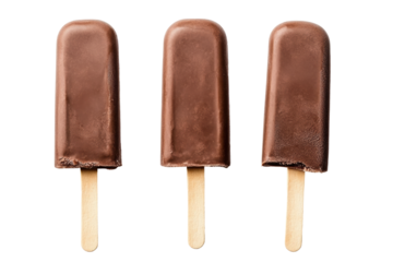 Three chocolate popsicles on sticks with bites taken from left and right, cut out