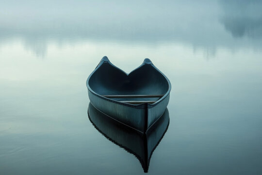 Empty canoe floating on a misty lake at dawn