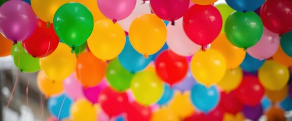 Vibrant, colorful balloons floating against a blurred, bokeh background , pastel colors, celebration