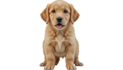 A golden retriever puppy sitting upright facing forward with a black background and an open mouth