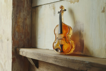 Amber violin resting on rustic wooden shelf in soft sunlight