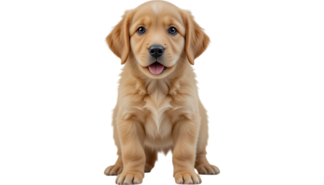 A golden retriever puppy sitting upright facing forward with a black background and an open mouth