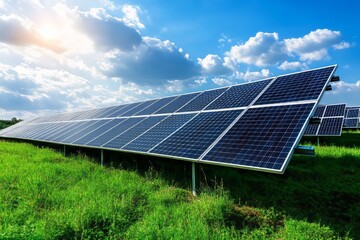 Stunning solar panels on green grass against a blue sky with clouds.