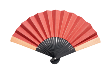 Red and black hand fan with wooden ribs on black background, cut out