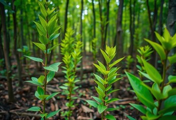 Fototapeta premium Vibrant green leaves on newly planted saplings in a lush forest, conservation, planting