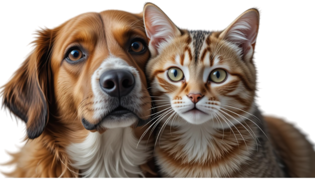 Close up shot of a brown and white dog and a tabby cat posing together looking at the viewer