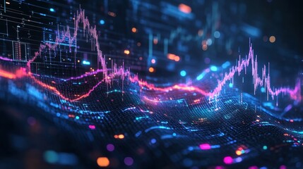 Financial Data Visualization: An abstract image of glowing lines and curves, representing stock market data, investment trends, and the dynamic flow of financial information.