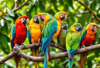 Vibrant parrots, macaws, and other colorful birds perched together on a lush green tree branch, wildlife, green
