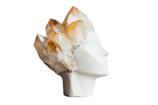 Sculpture of human bust adorned with large orange quartz crystals, cut out
