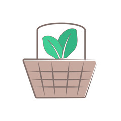 Minimalist brown woven basket with green leaves icon on white background.