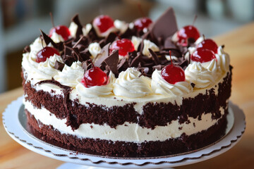 Delicious black forest cake decorated with cherries and chocolate shavings on a cake stand