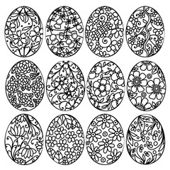 Set of outline Easter eggs with floral doodle patterns, coloring page for kids and adult holiday activity or design
