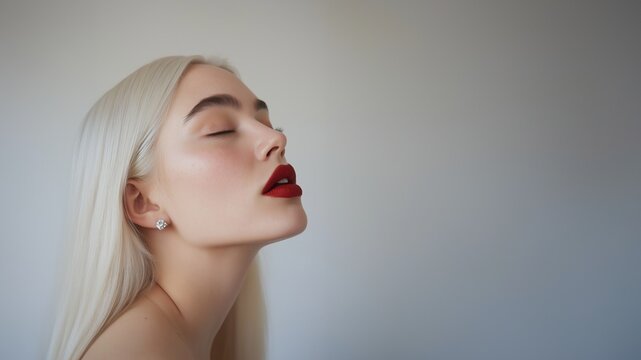 Profilansicht einer Frau mit wei&szlig;blonden Haaren und dunklem Lippenstift vor hellem Hintergrund