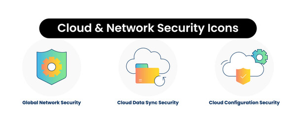 Cloud & Network Security Icons. Cloud Configuration Security, Cloud Data Sync Security, Global Network Security.