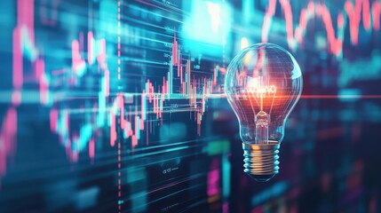 Idea Lights the Market: A glowing light bulb is superimposed against a dynamic stock chart. This photo signifies financial innovation and market insight.