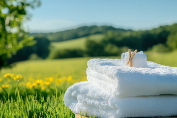 Fresh white towels drying on green grass in a sunny countryside