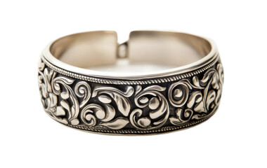 Intricately designed silver bracelet with ornate patterns and open cuff style, cut out