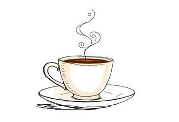 Whimsical hand-drawn coffee cup with swirling steam atop a saucer, sketched style, coffee illustration, warm