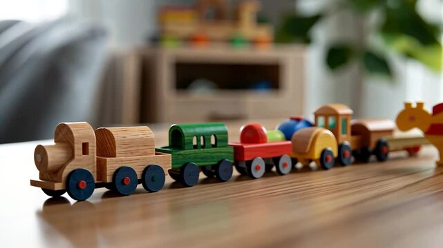 Colorful wooden toy train set arranged on a table in a bright room