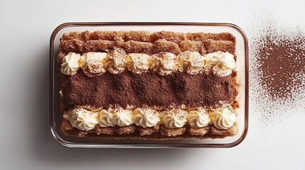 Top down shot of tiramisu dessert layered coffee soaked ladyfingers mascarpone cream and cocoa powder in a glass dish on a white background