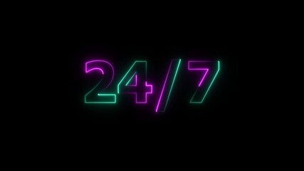 24 by 7 24 hour a day service stamp and hand stamping impact isolated animation. Twenty Four Hour Service Hours Isolated On Transparent Background. blue neon line