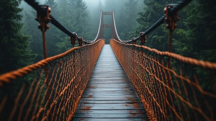 Fototapeta premium Rusty suspension bridge through misty forest