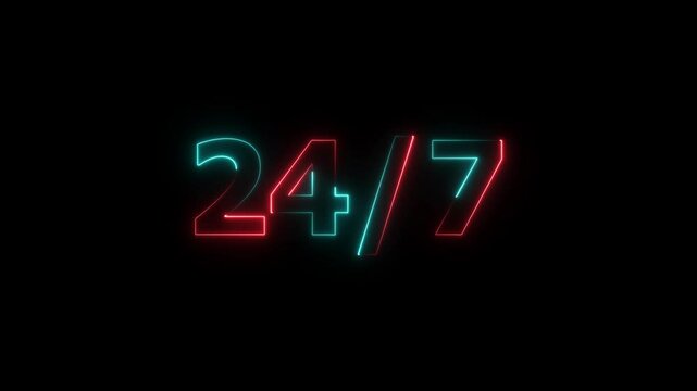 24 by 7 24 hour a day service stamp and hand stamping impact isolated animation. Twenty Four Hour Service Hours Isolated On Transparent Background. blue neon line