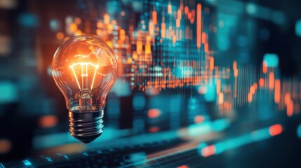 Power of Ideas: A radiant light bulb illuminates against a dynamic backdrop of financial graphs and charts, representing the intersection of innovation, energy, and the market.