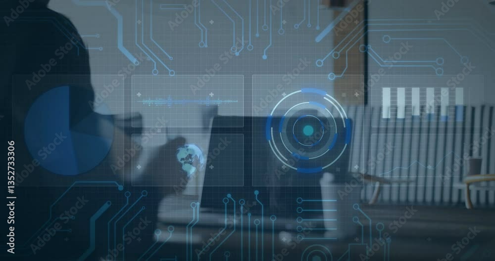 Poster digital interface with data processing animation over person using laptop in office