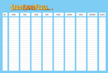 Stadt - Land - Fluss Spiel, 
Spiel Vorlage f&uuml;r das Gesellschaftsspiel auf Papier,
Vektor Illustration isoliert mit blauem Hintergrund
