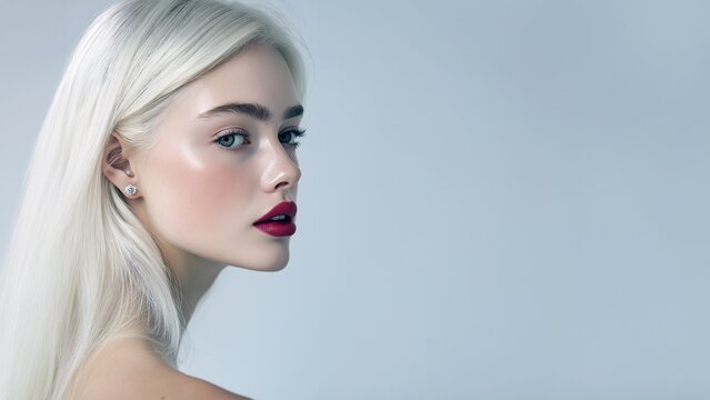 Portr&auml;t einer jungen Frau mit platinblondem Haar, markanten Augenbrauen und dunkelroten Lippen auf hellblauem Hintergrund