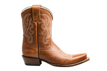 Brown leather cowboy boot with intricate stitching on isolated white background, cut out