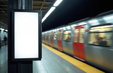 Blank billboard subway station with blurred moving train. Urban advertising concept, marketing template for product placement. Public transport, city life, modern design. Space for ad.