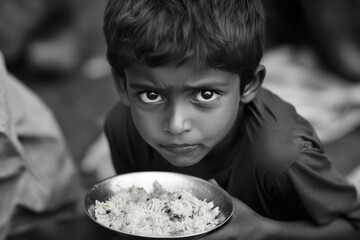 Young boy eating rice in poverty, a black and white portrait of hunger