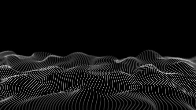 Simple black and white wave space. White linear waves on isolated black background. Abstract White Line Particles wave. Wavy horizon monochrome. Clean visualization white wavy motion. Turbulent loop 