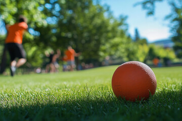 Orange dodgeball rests on lush green grass with players running in the background