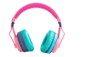 Vibrant pink and teal headphones with cushioned earpads, cut out